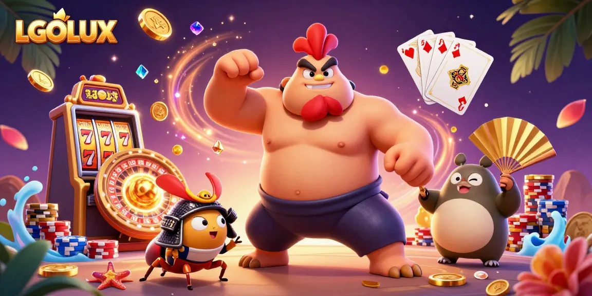 Experience the excitement at LGOLUX with a powerful sumo wrestler rooster and dynamic casino elements.