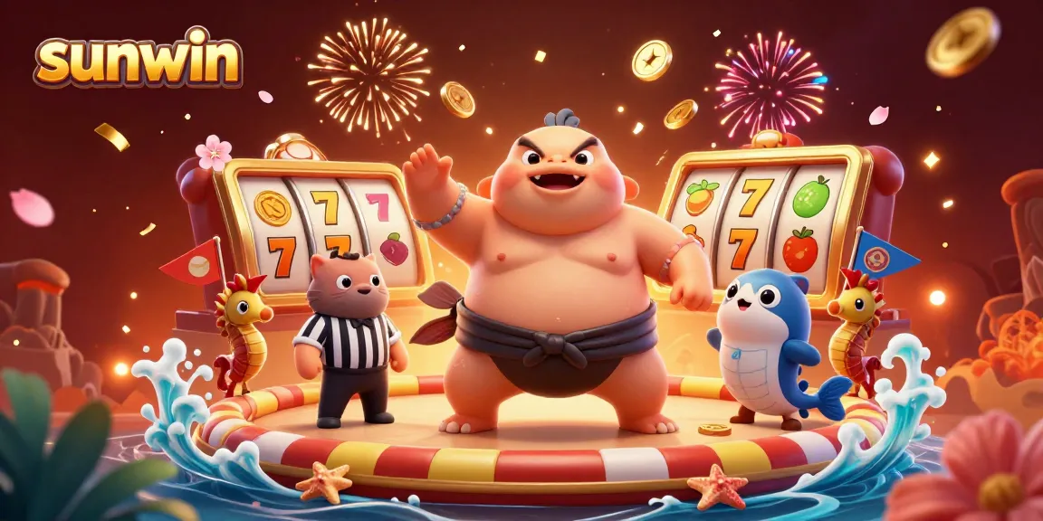 Experience the excitement at sunwin with vivid casino scenes featuring a fugu in a sumo ring.