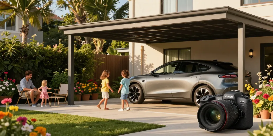 Schöner Carport im Garten, Familie genießt sonnigen Tag mit Kindern und Auto.