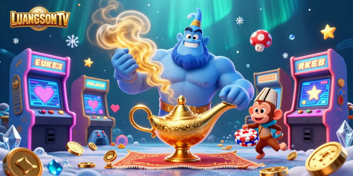 Experience the thrilling gaming magic with LUONGSONTV as a muscular blue genie emerges from a golden lamp, surrounded by casino elements.