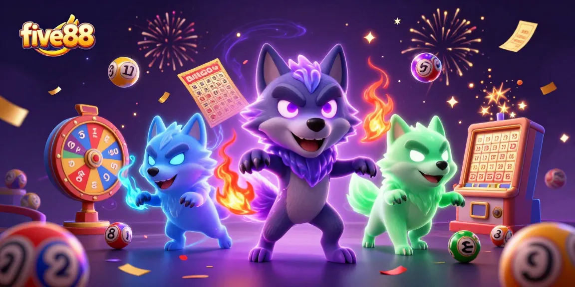Engage with five88 lottery excitement featuring vibrant characters and thrilling game elements in an energetic atmosphere.