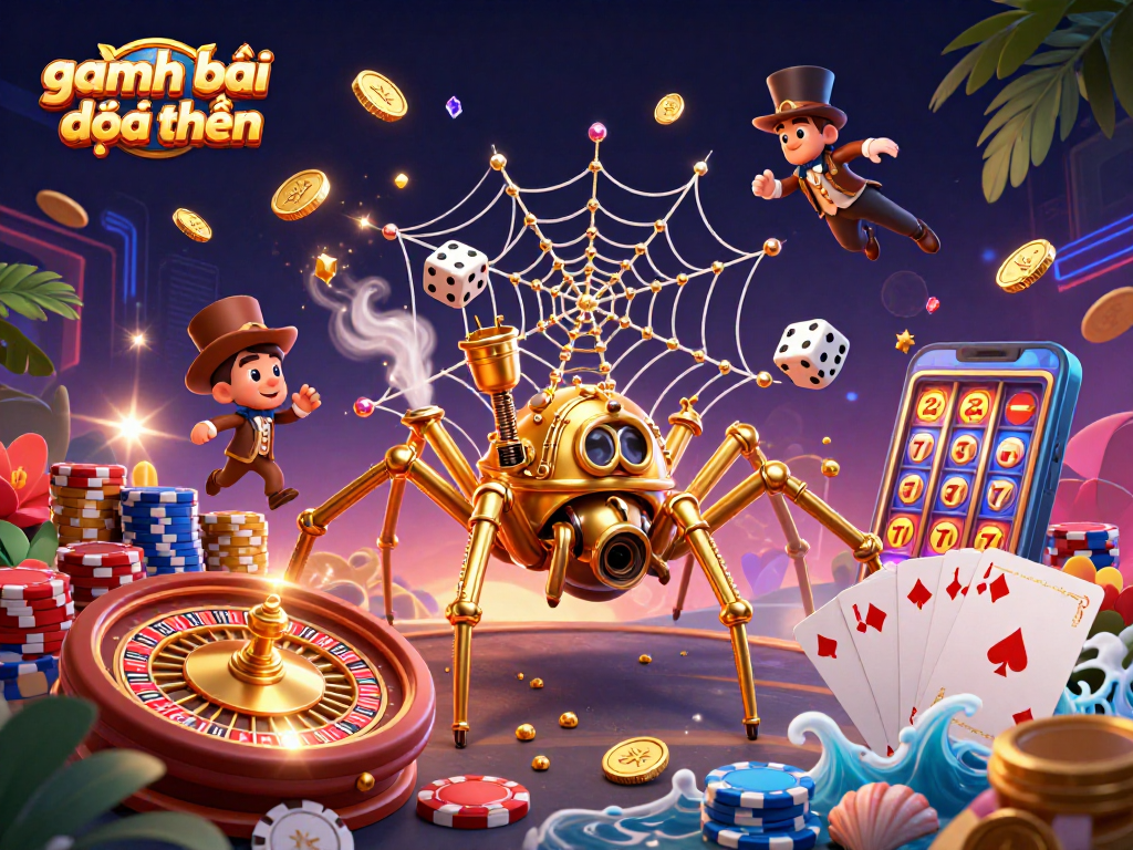 Play game đánh bài đổi thưởng with a unique vibrant 3D illustration packed with casino elements.