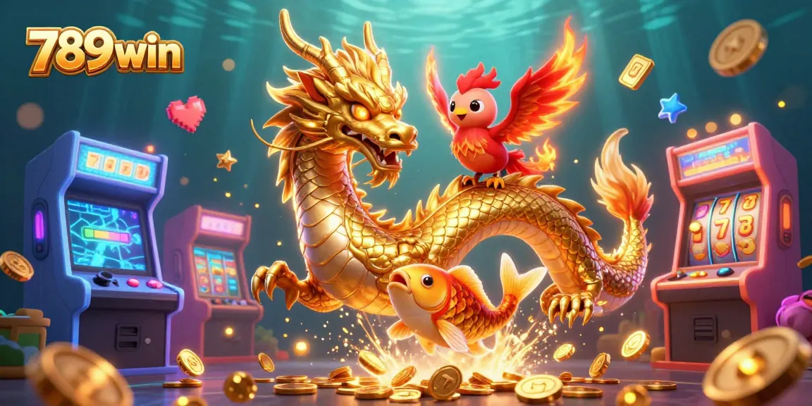 Experience lucky wins at 789win with a fierce dragon, phoenix, and koi in a vibrant scene.