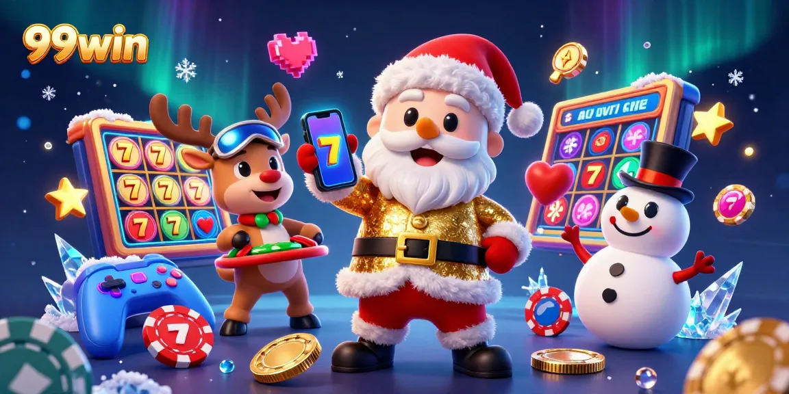 Experience the thrill of jackpot slots with 99win's festive casino illustration featuring Santa and friends.