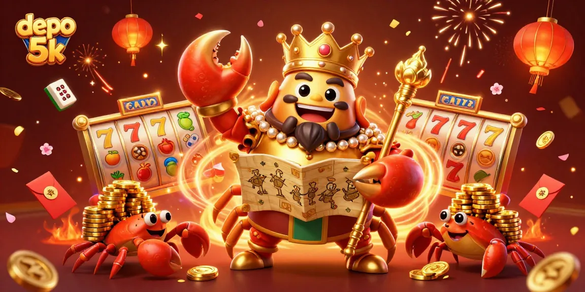 Experience big wins at depo 5k with vibrant 3D crab emperor surrounded by casino elements and celebration confetti.