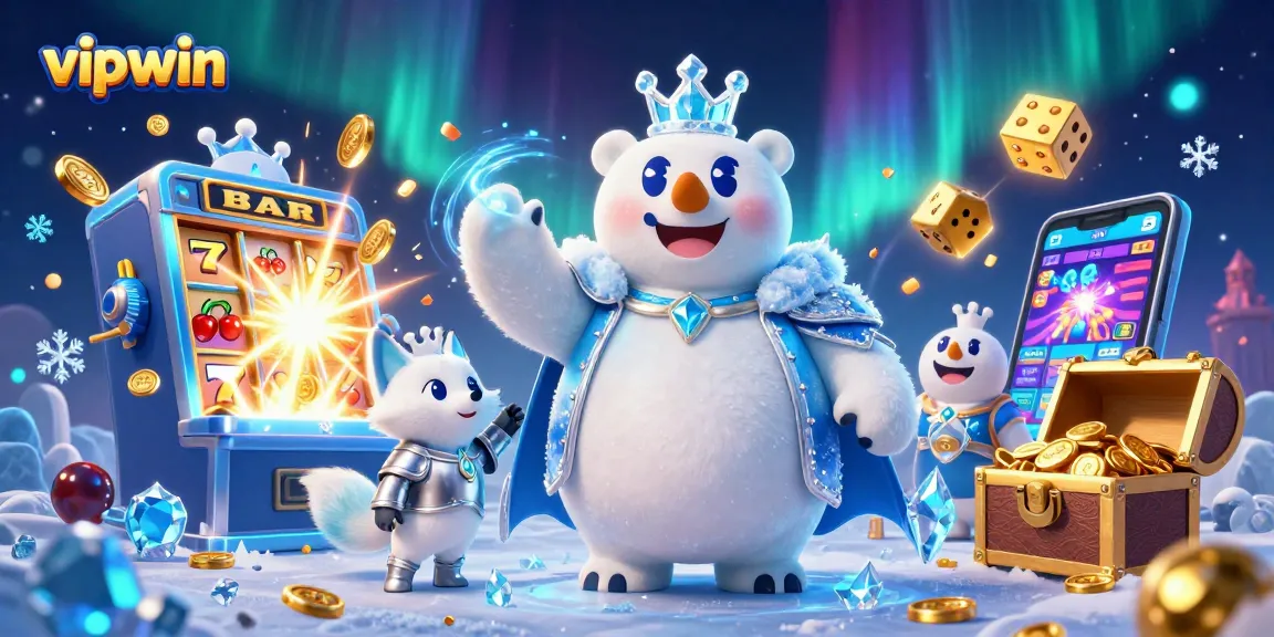 Experience thrilling gameplay at vipwin with a unique 3D ice king and snow fox in a vibrant casino realm.