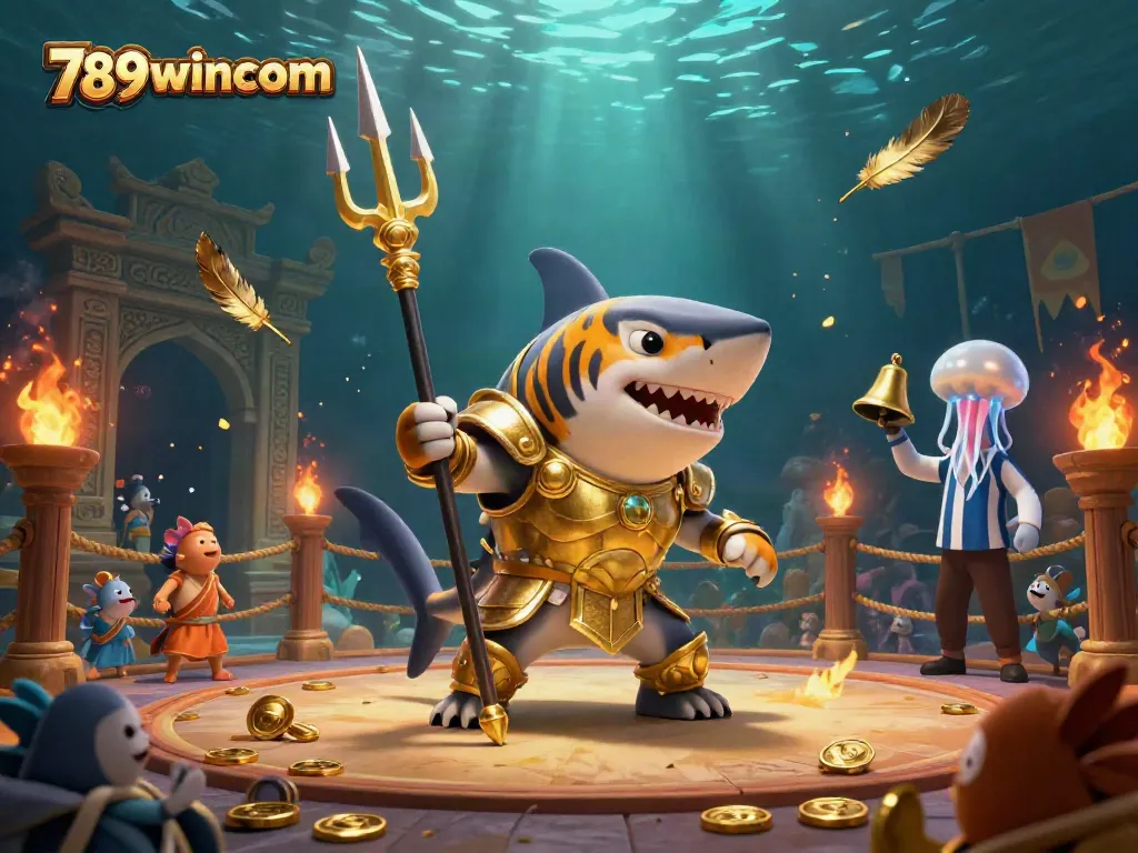 Experience thrilling underwater battles in the 789wincom colosseum, showcasing a fierce tiger shark and vibrant sea life.