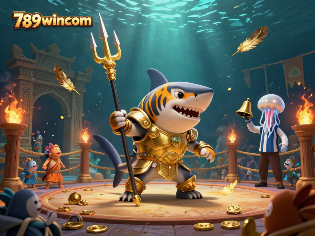 Experience thrilling underwater battles in the 789wincom colosseum, showcasing a fierce tiger shark and vibrant sea life.