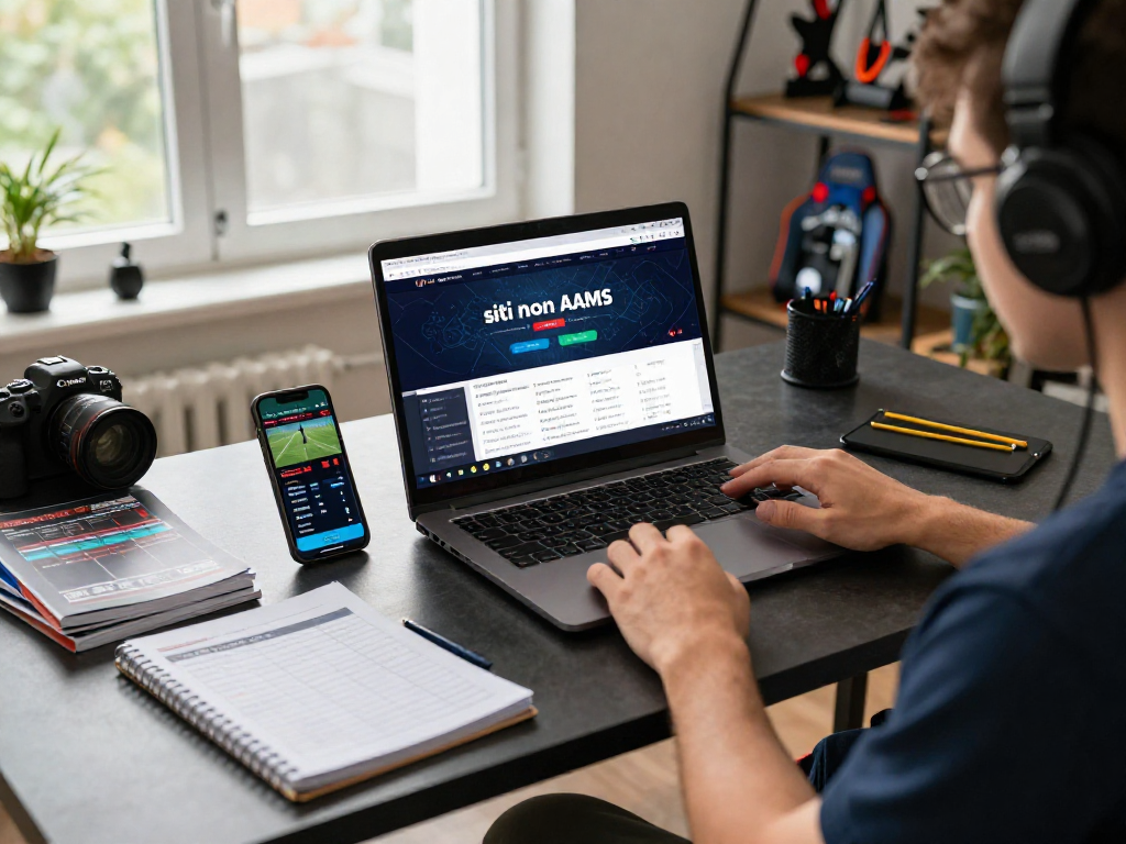 Un utente esperto di scommesse che esplora siti non AAMS seduto a un elegante desk con laptop e smartphone, immerso nell'azione.