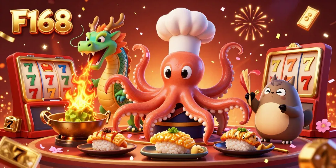 Engage with F168's vibrant casino experience featuring a futuristic octopus chef alongside festive game elements.