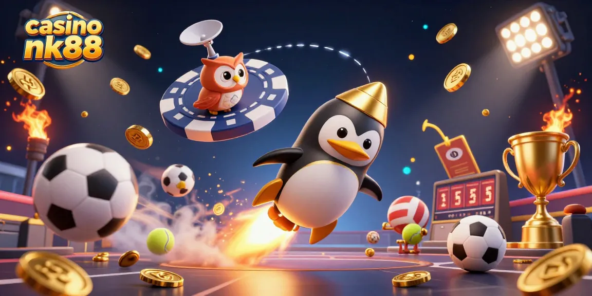 Experience thrilling gaming at casino nk88 with a lively 3D penguin in a vibrant cosmic setting.