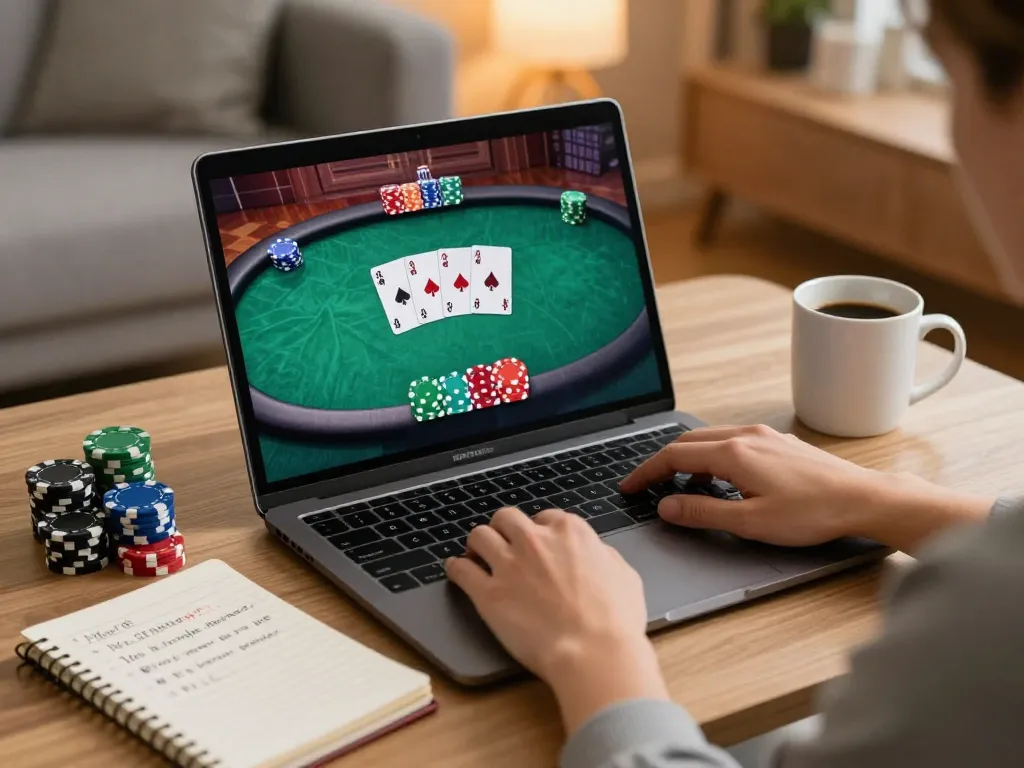 Engaged in online poker gameplay at luck8com, showing chips and cards on a laptop screen in a cozy home.