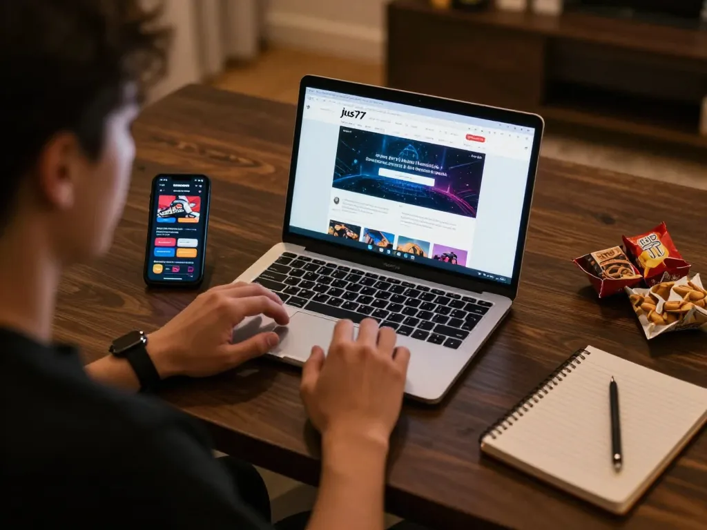 Experience online gaming with jus77 on laptop and smartphone in a cozy setup
