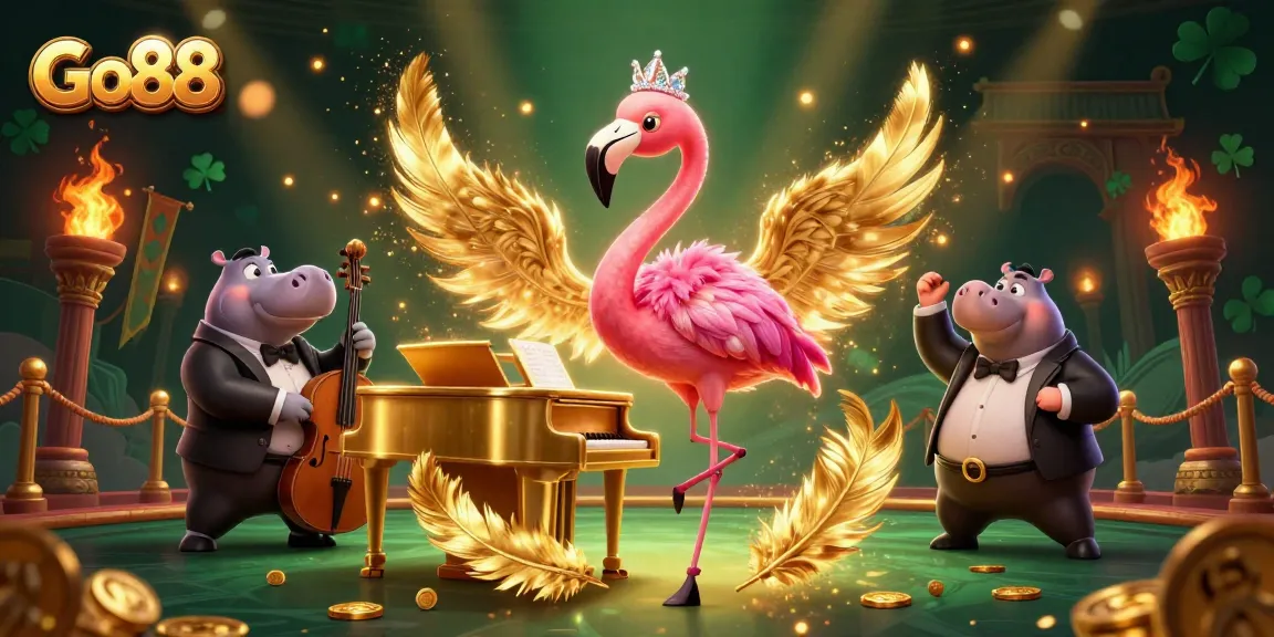 Engage with Go88's vibrant casino world featuring a flamingo singer and hippo bassist surrounded by dynamic gaming elements.