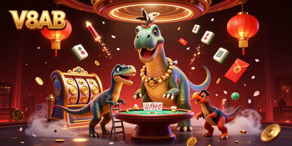 V8AB features a playful 3D brontosaurus and clever raptor in a vibrant casino scene.