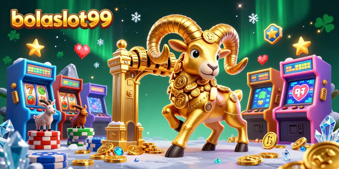 Engage with the exciting bolaslot99 universe featuring a golden ram charging through colorful slot games and casino elements.