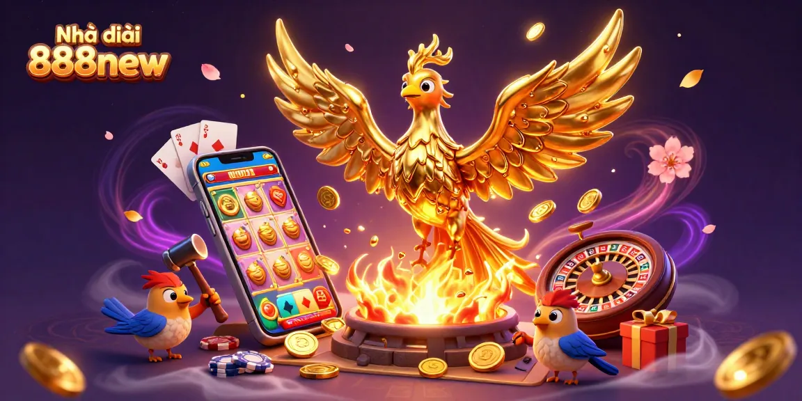 Experience the thrill of Nhà cái 888new with a vibrant illustration showing gold coins, slots, and gaming excitement.