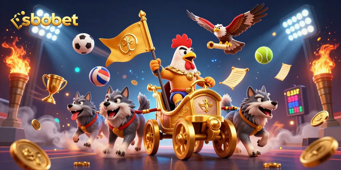 Experience sbobet betting action with a 3D rooster warlord and dynamic sports elements around him.
