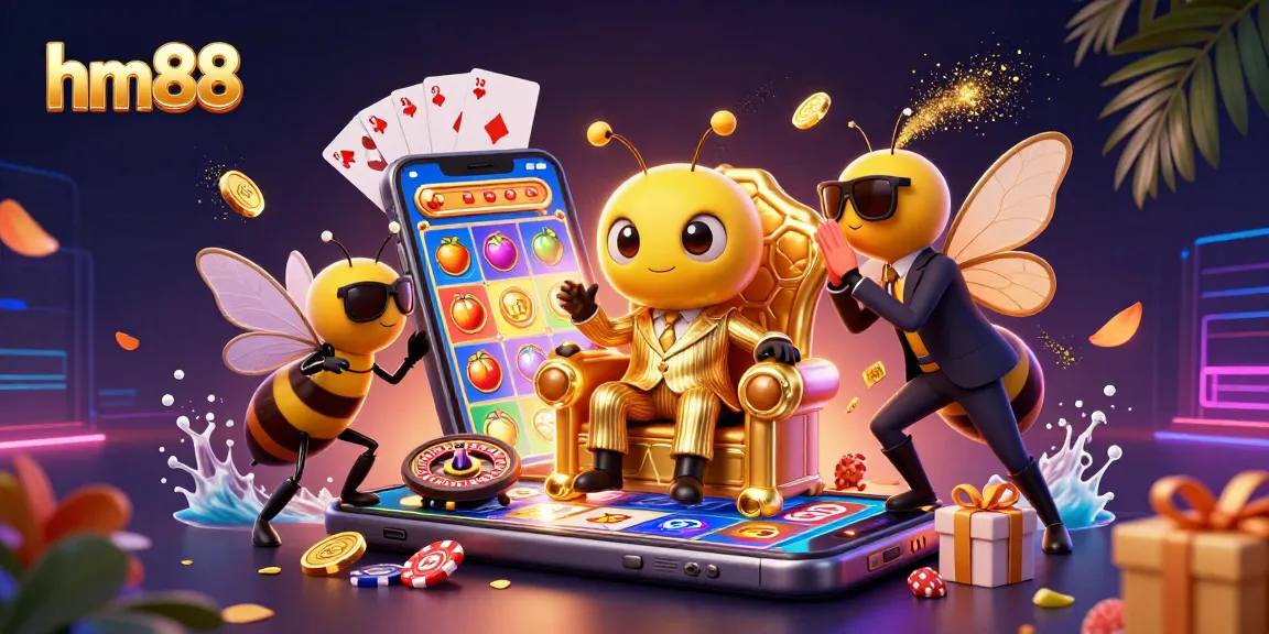hm88 vibrant casino scene illustrating a bumblebee boss among slot games, coins, and cards