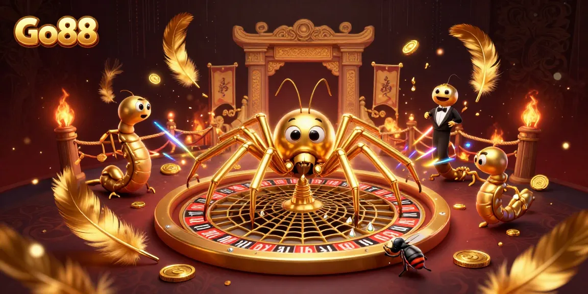 Bet on Go88 as a fly hesitantly places bets at a roulette-shaped web in this vibrant casino scene.