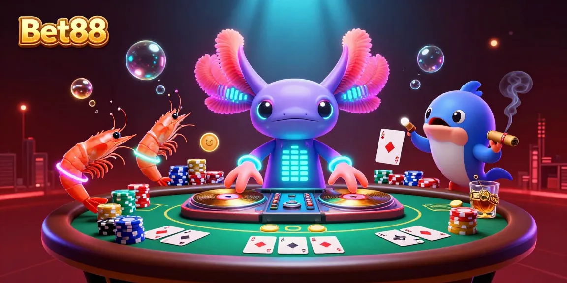 Engage with Bet88's vibrant casino experience featuring a neon DJ and dynamic gambling action.