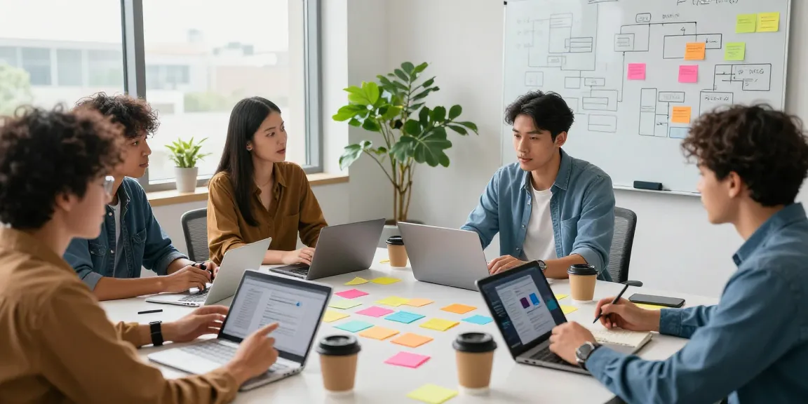 Team building internal tools with AI in a modern office setting, showcasing collaboration and innovation.