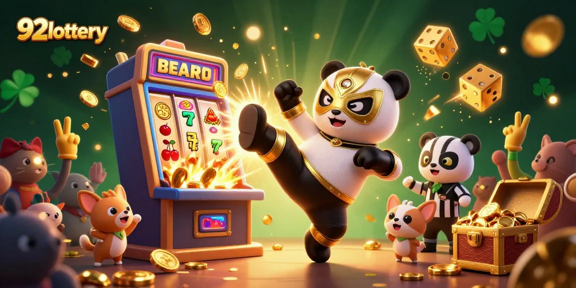 Engage in the thrill of 92lottery with a colorful illustration of a panda and chihuahua in a vibrant casino scene.