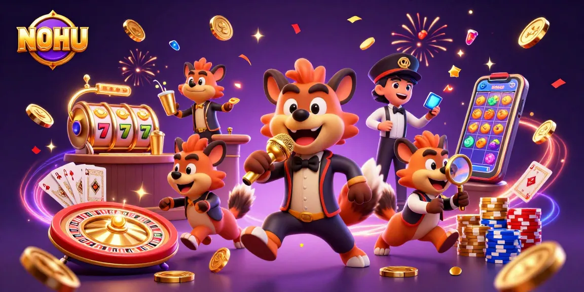 NOHU hyenas entertain gamblers in a vibrant casino illustration filled with slot games and lively elements.
