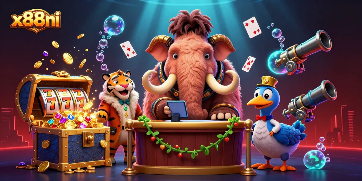 Play exciting games at x88ni with vibrant characters in a dynamic casino scene!